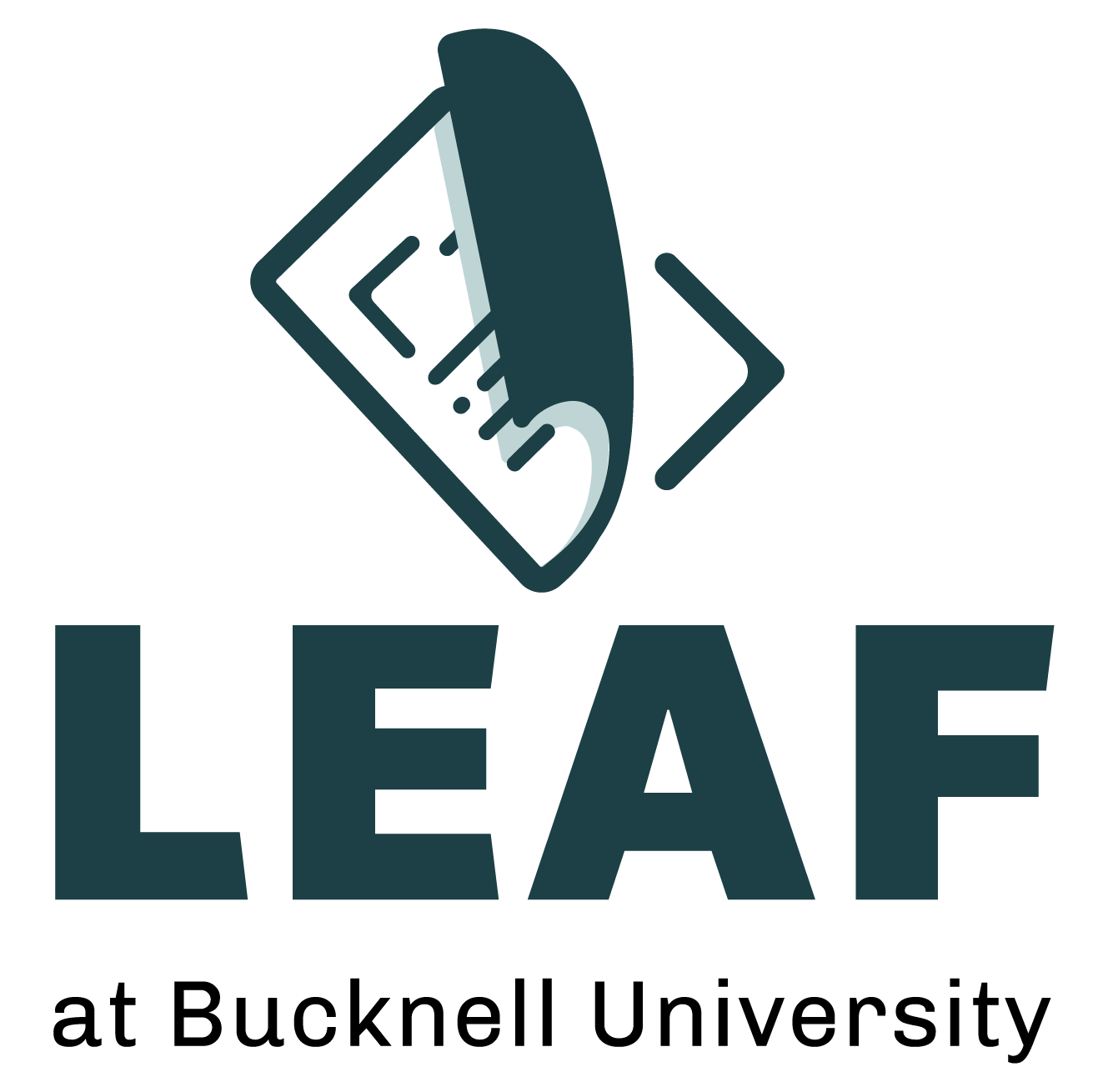 LEAF at Bucknell University, with a logo (a page turning into a pointy brakcet)