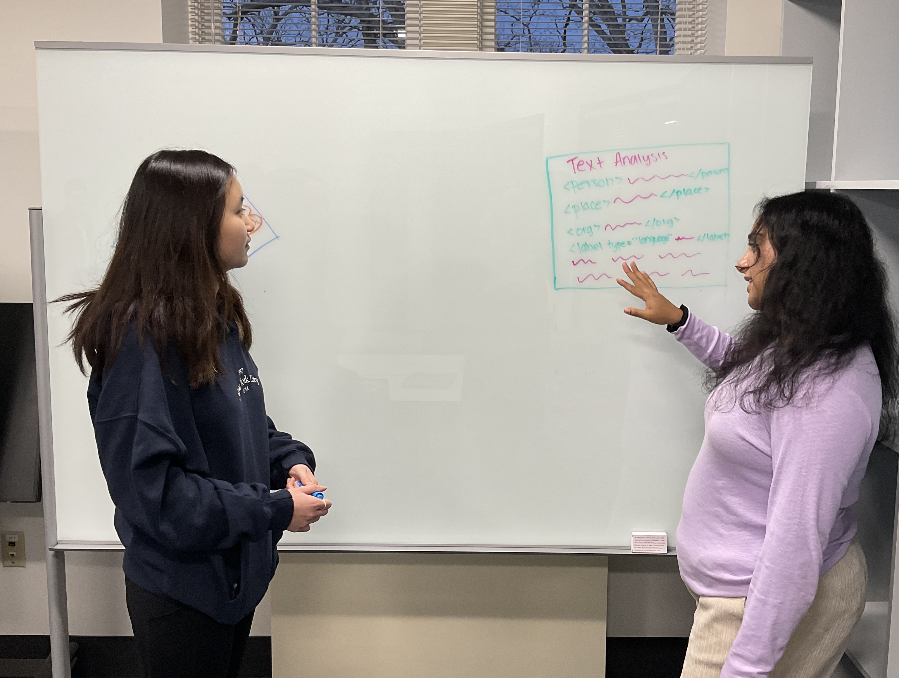 Student fellow explaining text analysis to another student fellow.