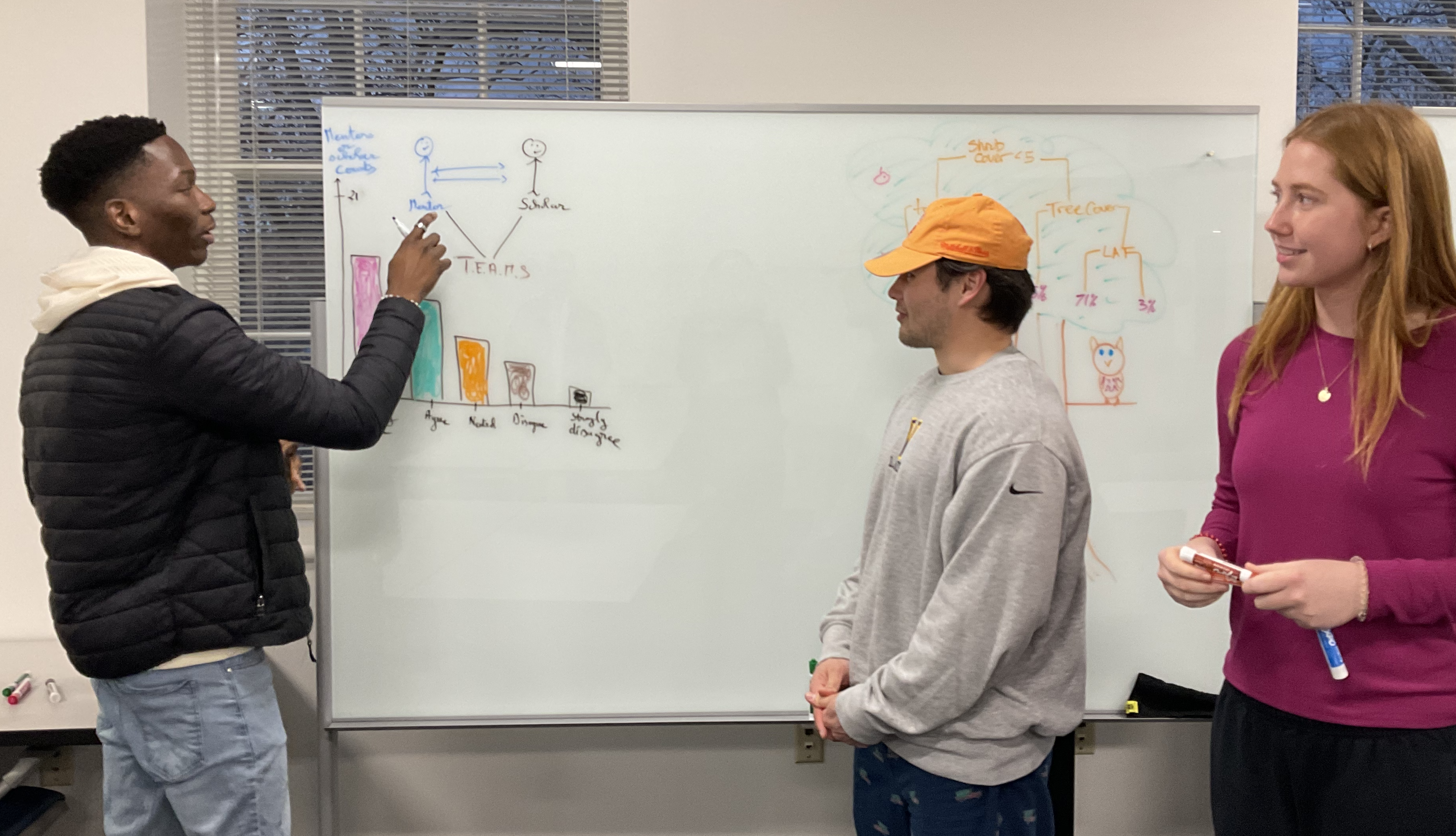 Student fellow explaining a bar chart to two other student fellows.