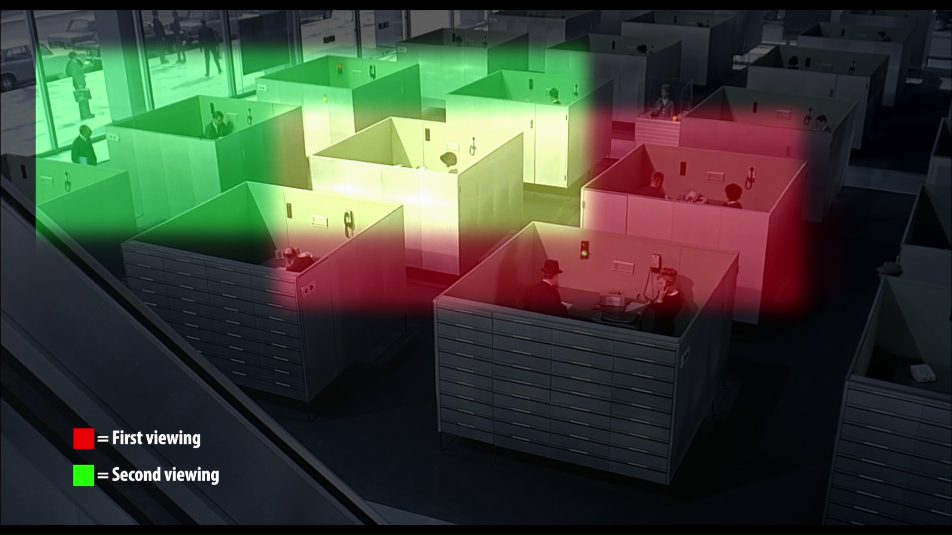 A scene from North by Northwest with area highlighted for first viewing and second viewing, showing that audiences focus on different areas of the scene when re-watching.