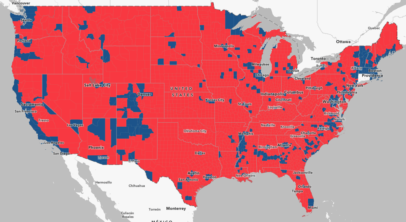 A map of the United States showing presidential election data from 2024. Stats are shaded red if they voted Republican and blue if they voted Democrat, and the map shows that most counties are shaded red.